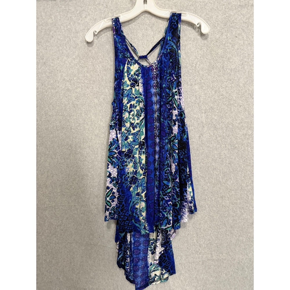 Cupio Dress Womens M Blue Floral Hi Low Trapeze Swing Tank Jersey Print Boho
